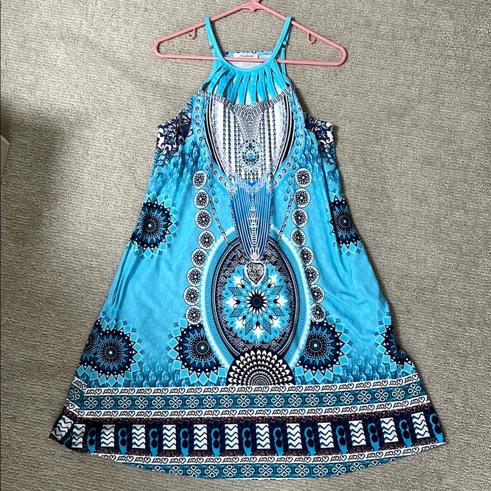 Bluetime Fashion Dress, Blue and White Patterned Halter Dress with pockets